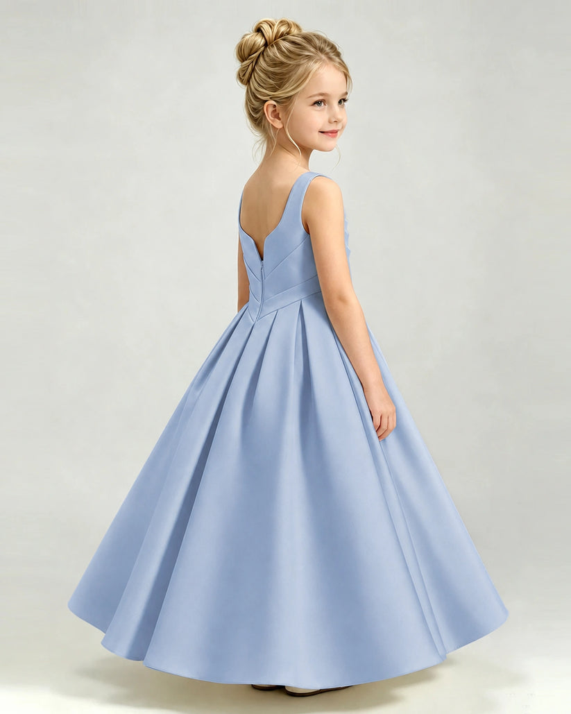 Dusty Blue Satin A-line Girls Formal Dress Back View