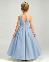 Dusty Blue Satin A-line Girls Formal Dress Back View