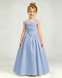 Dusty Blue Satin Flower Girl Dress Sleeveless Pleated Floor-Length Ball Gown Front View