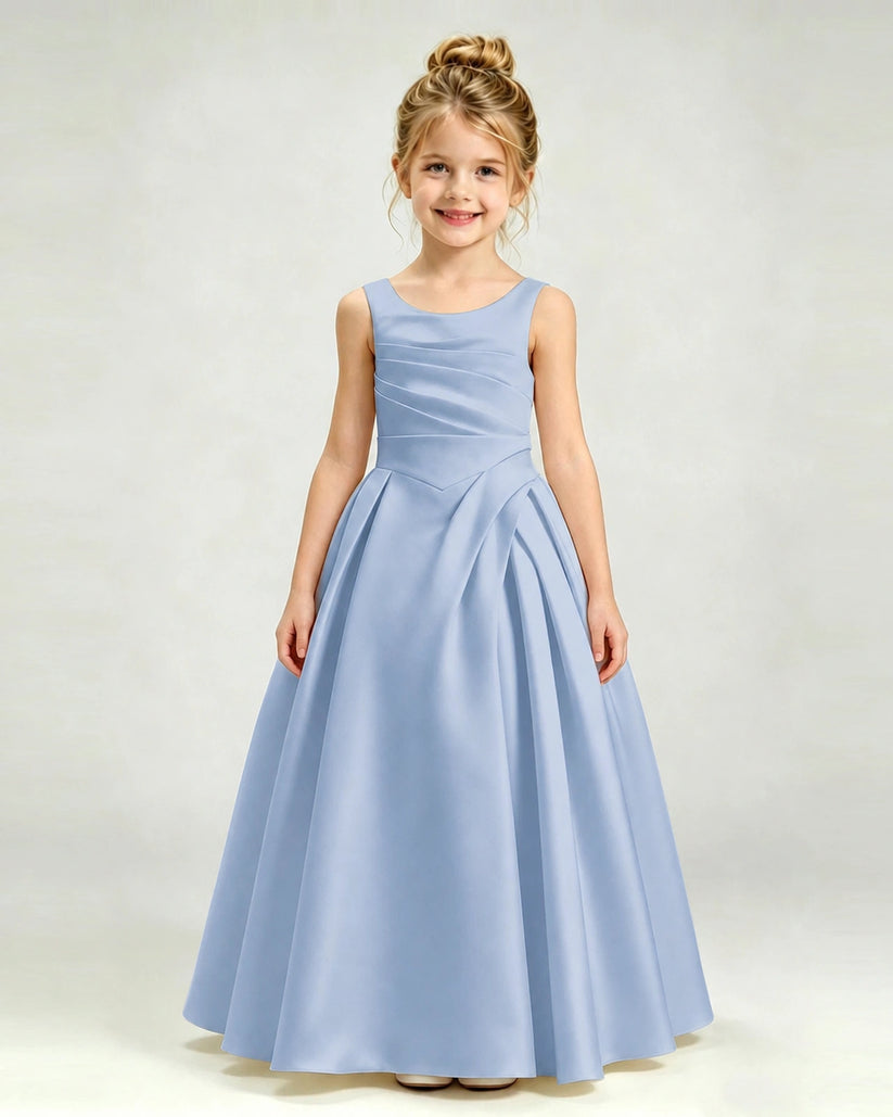 Dusty Blue Satin A-line Girls Formal Dress Front View