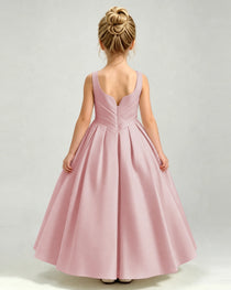 Dusty Rose Satin Flower Girl Dress Sleeveless Pleated Floor-Length Ball Gown Back View