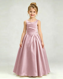 Dusty Rose Satin Flower Girl Dress Sleeveless Pleated Floor-Length Ball Gown Front View