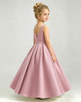 Dusty Rose Satin A-line Girls Formal Dress Back View