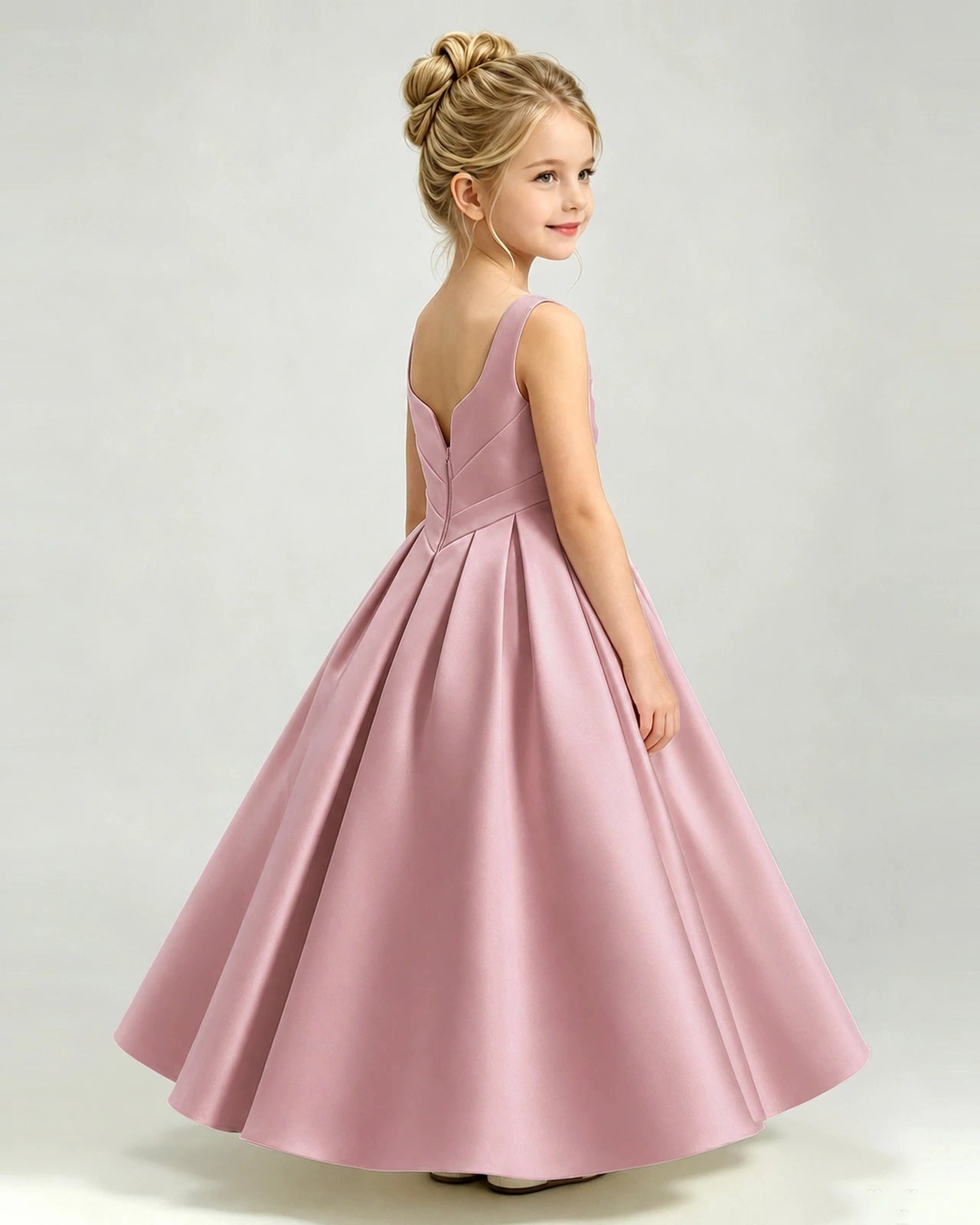 Dusty Rose Satin Flower Girl Dress Sleeveless Pleated Floor-Length Ball Gown Side View