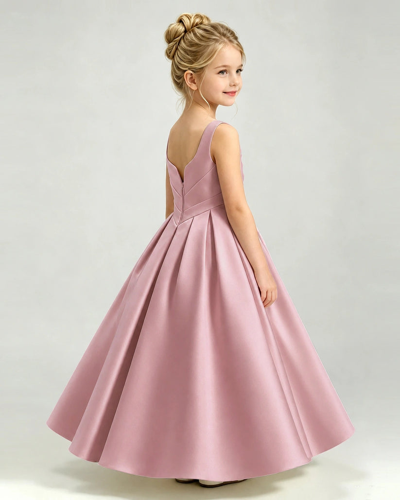 Dusty Rose Satin A-line Girls Formal Dress Back View