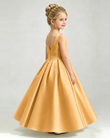 Gold Satin A-line Girls Formal Dress Side View