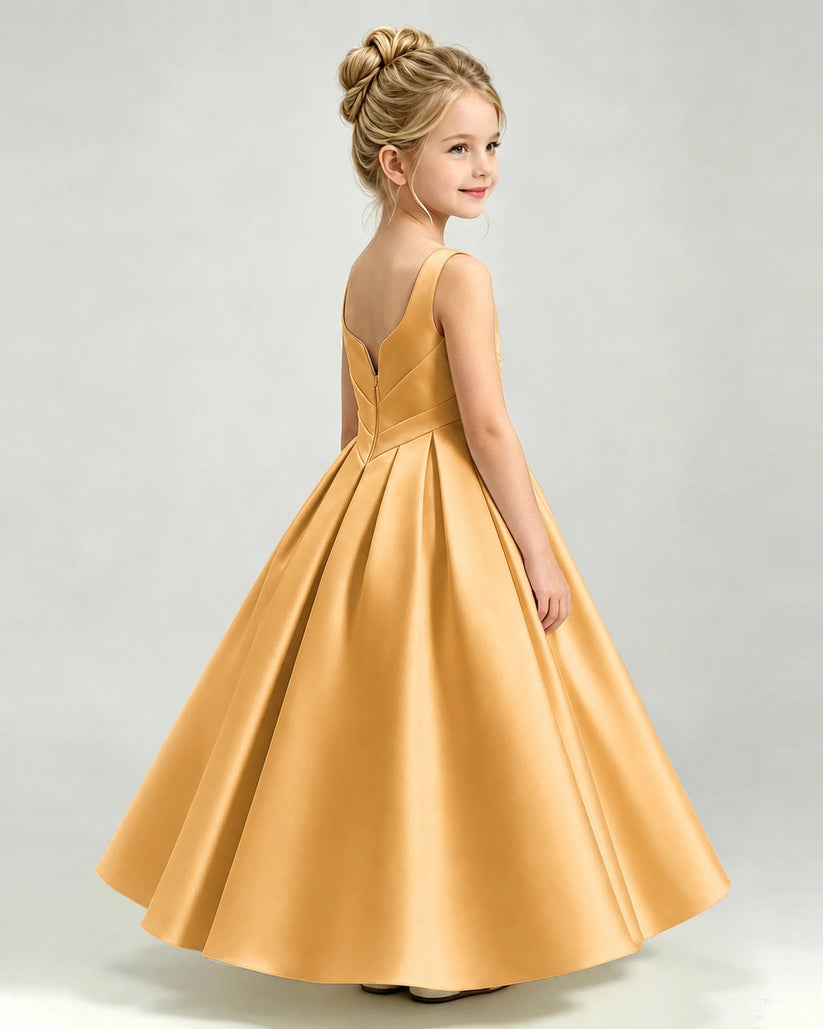 Gold Satin A-line Girls Formal Dress Side View