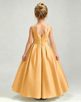 Gold Satin A-line Girls Formal Dress Back View