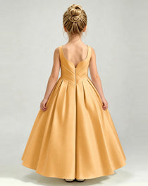 Gold Satin Flower Girl Dress Sleeveless Pleated Floor-Length Ball Gown Back View