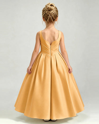 Gold Satin Flower Girl Dress Sleeveless Pleated Floor-Length Ball Gown Back View