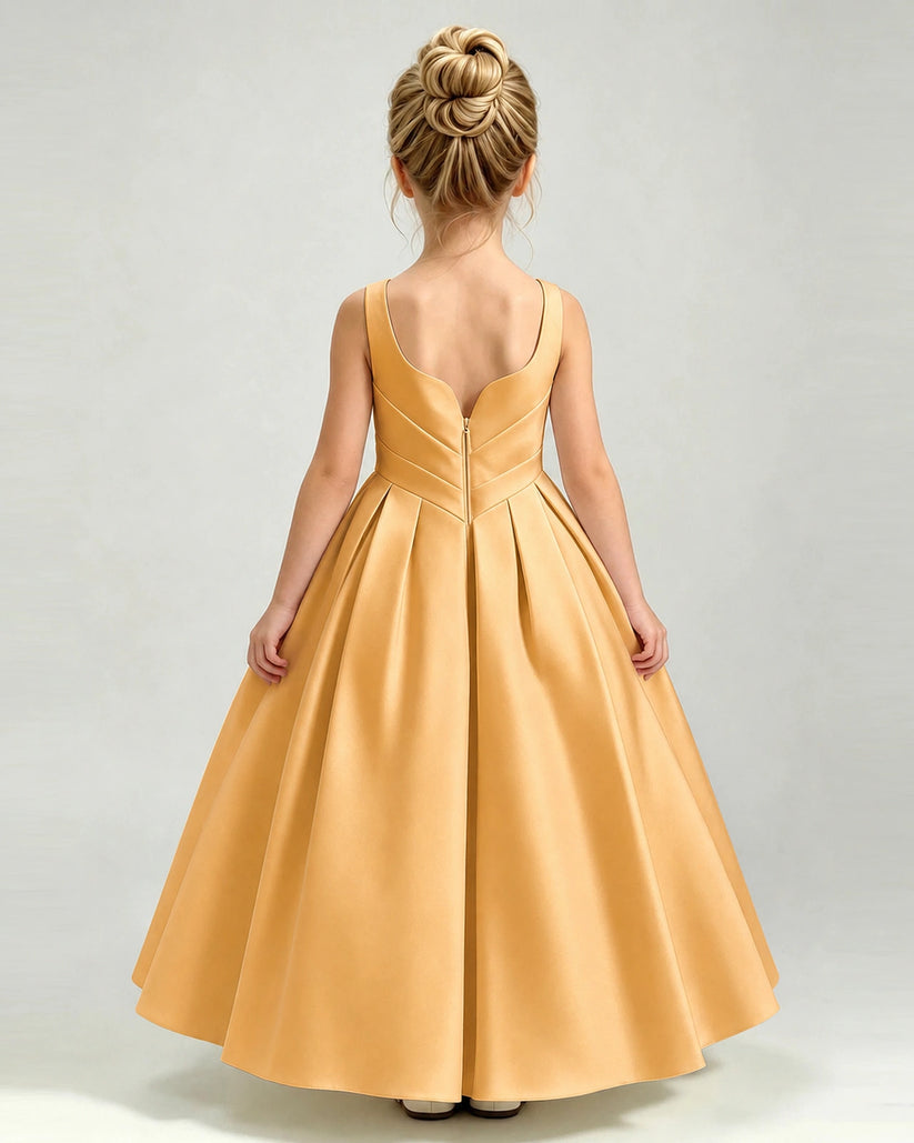 Gold Satin A-line Girls Formal Dress Back View