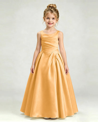 Gold Satin Flower Girl Dress Sleeveless Pleated Floor-Length Ball Gown Front View