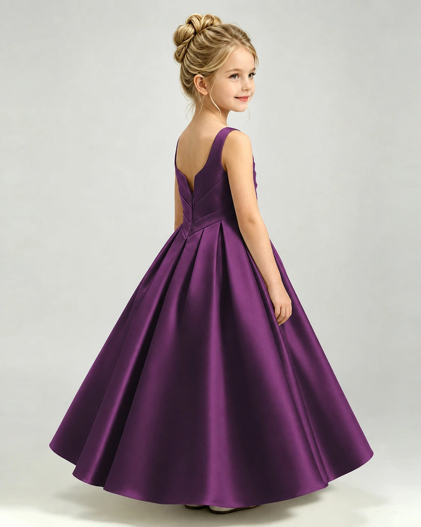 Grape Satin A-line Girls Formal Dress Back View
