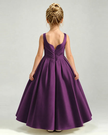 Grape Satin Flower Girl Dress Sleeveless Pleated Floor-Length Ball Gown Back View