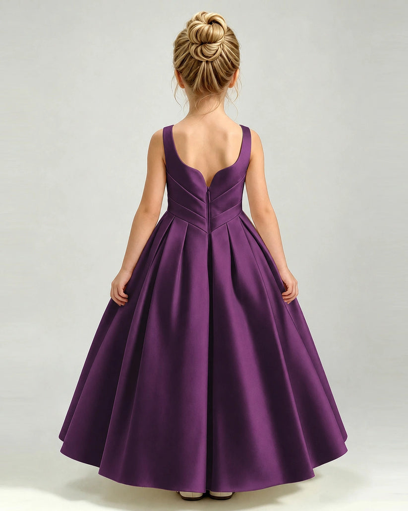 Grape Satin A-line Girls Formal Dress Back View