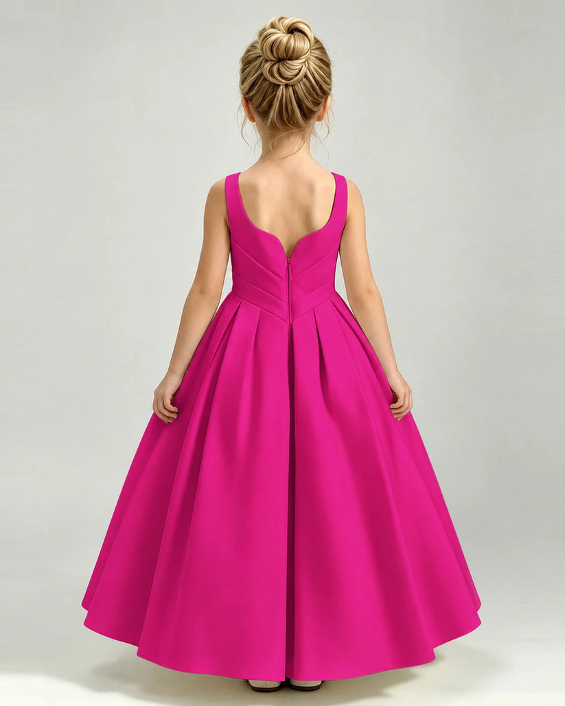Hot Pink Satin A-line Girls Formal Dress Back View