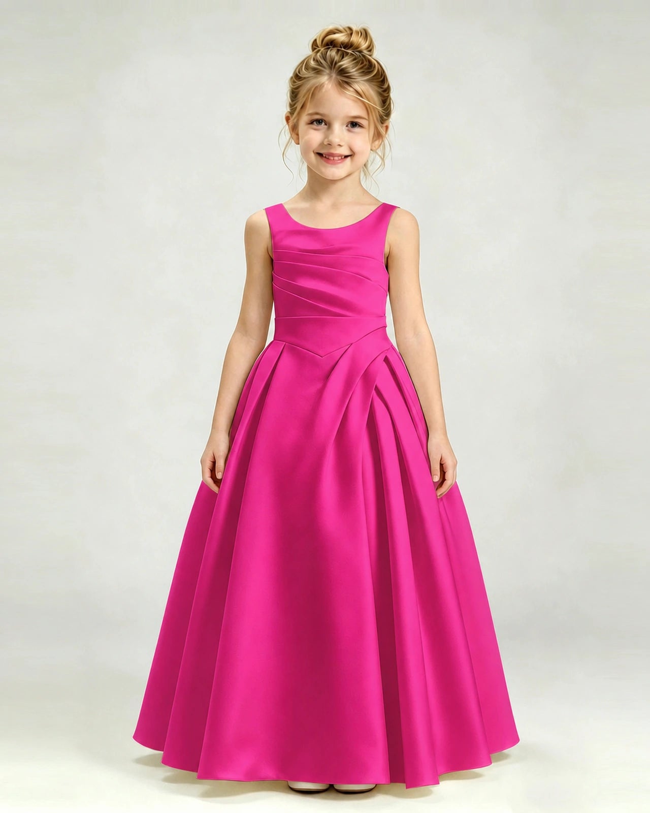 Hot Pink Satin Flower Girl Dress Sleeveless Pleated Floor-Length Ball Gown Front View
