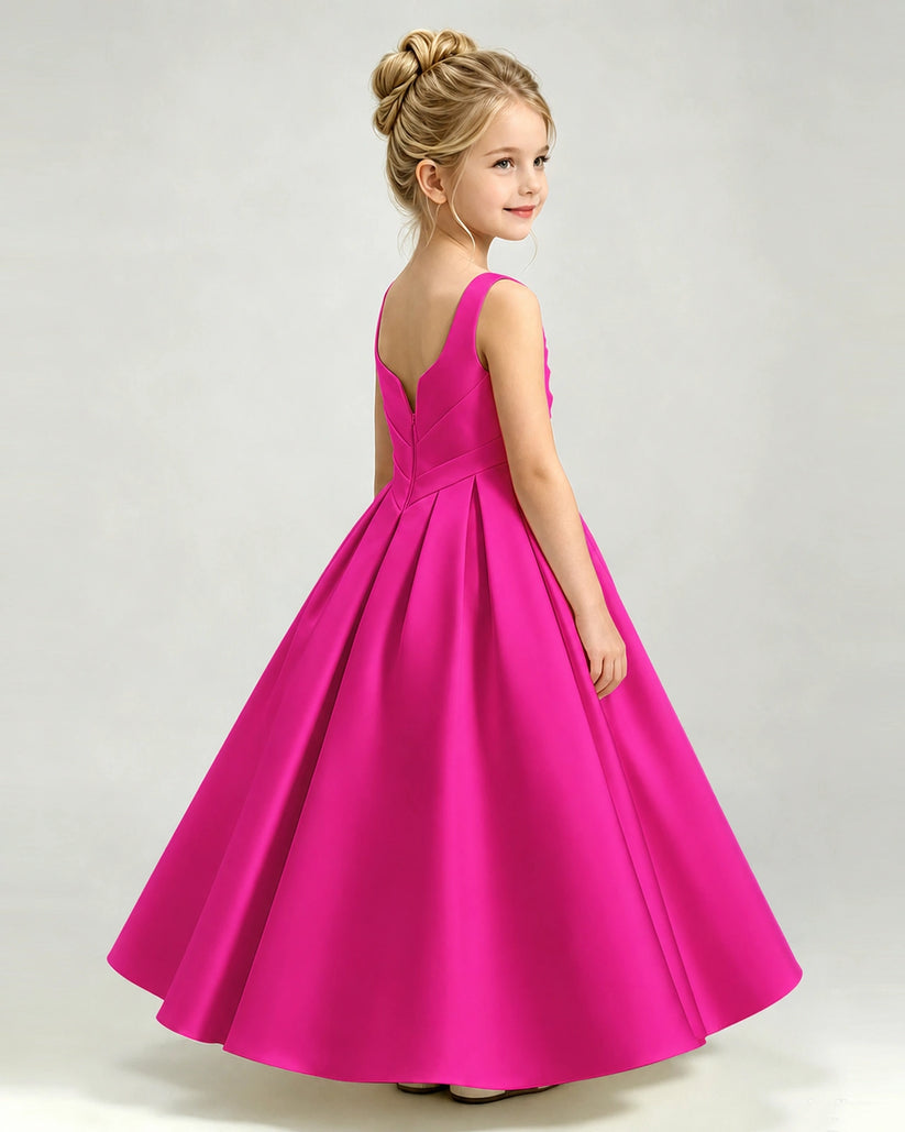 Hot Pink Satin A-line Girls Formal Dress Side View