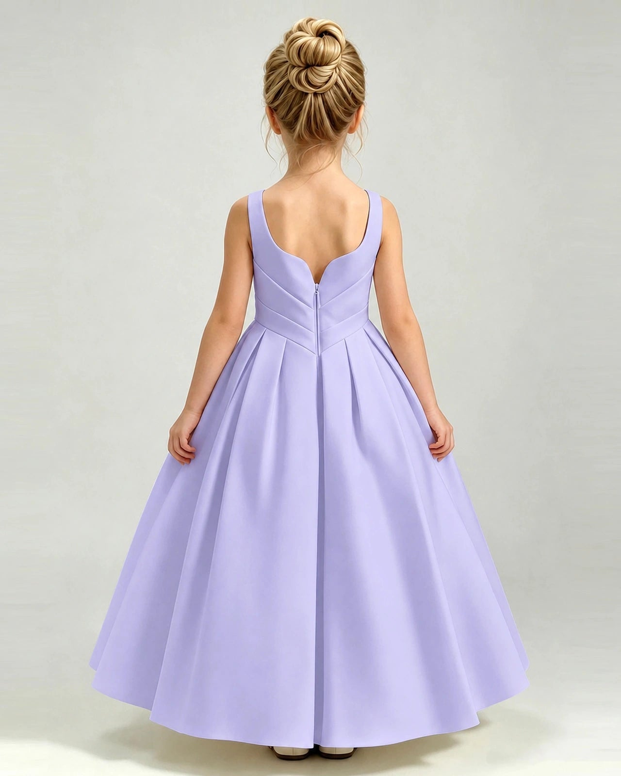 Lavender Satin Flower Girl Dress Sleeveless Pleated Floor-Length Ball Gown Back View
