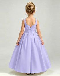 Lavender Satin Flower Girl Dress Sleeveless Pleated Floor-Length Ball Gown Back View