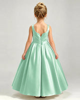 Mint Green Satin A-line Girls Formal Dress Back View
