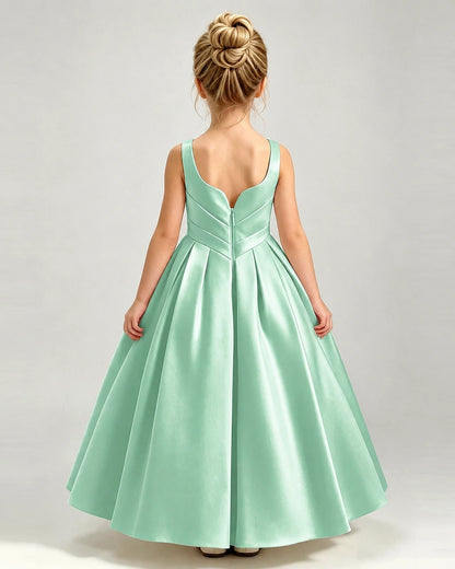 Mint Green Satin Flower Girl Dress Sleeveless Pleated Floor-Length Ball Gown Back  View