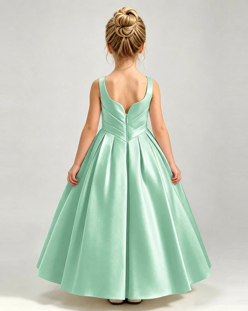 Mint Green Satin A-line Girls Formal Dress Back View