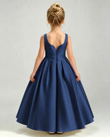 Navy Blue Satin A-line Girls Formal Dress Back View