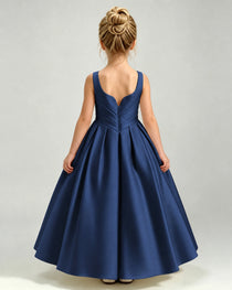 Navy Blue Satin Flower Girl Dress Sleeveless Pleated Floor-Length Ball Gown Back View