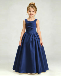 Navy Blue Satin Flower Girl Dress Sleeveless Pleated Floor-Length Ball Gown Front View