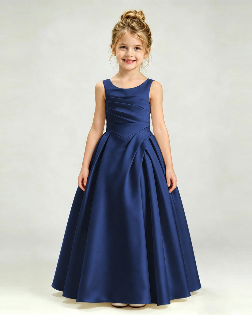 Navy Blue Satin A-line Girls Formal Dress Front View