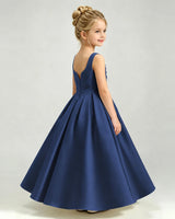 Navy Blue Satin A-line Girls Formal Dress Side View