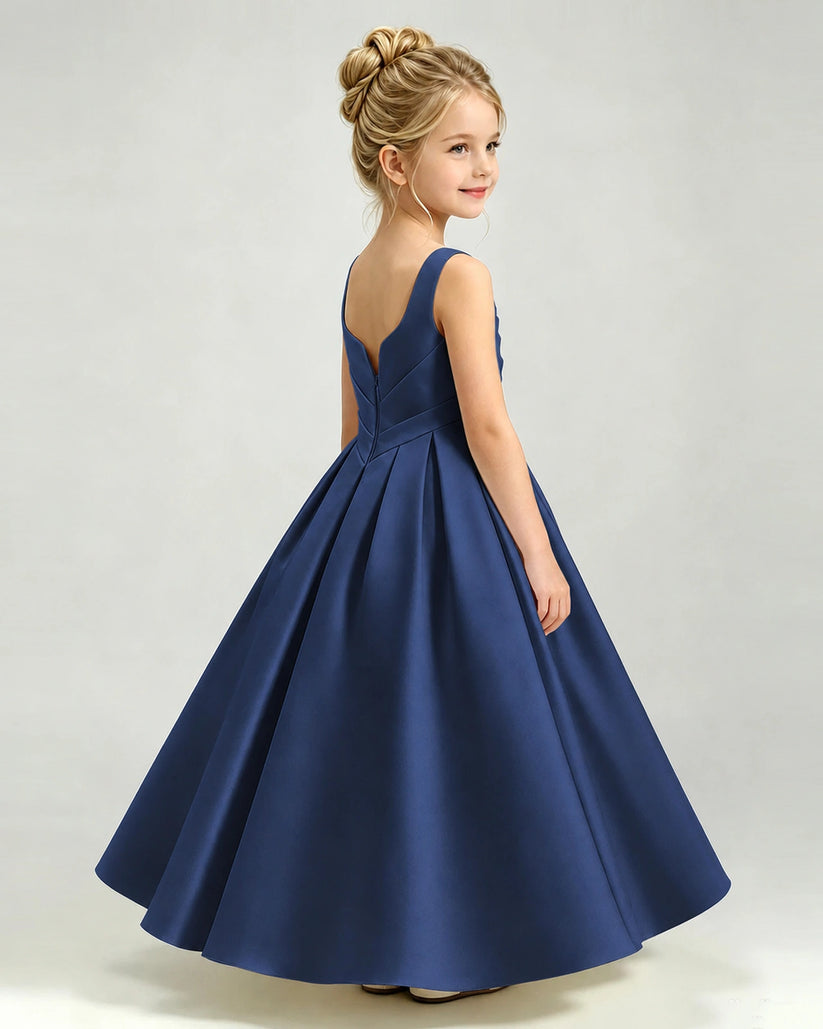 Navy Blue Satin A-line Girls Formal Dress Side View