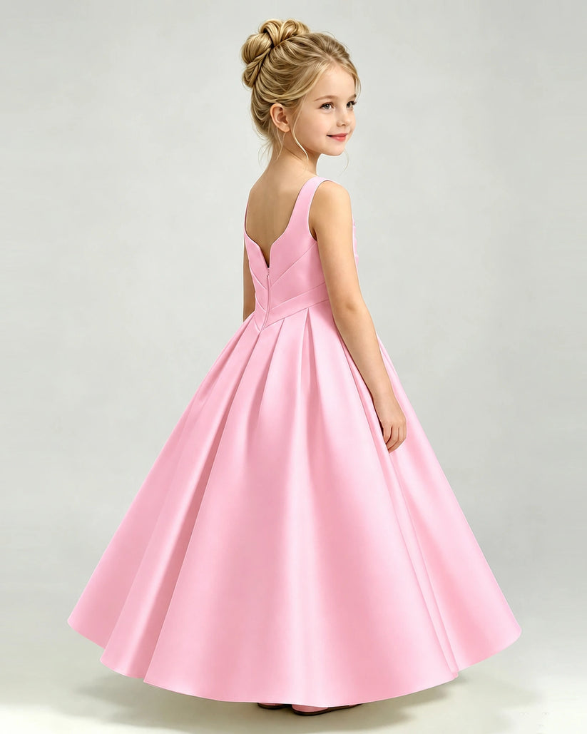 Pink Satin A-line Girls Formal Dress Side View