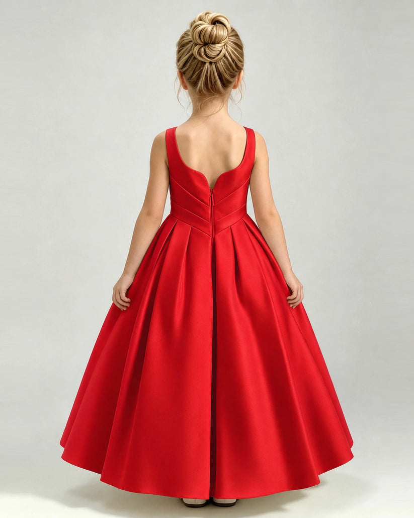 Red Satin A-line Girls Formal Dress Back View