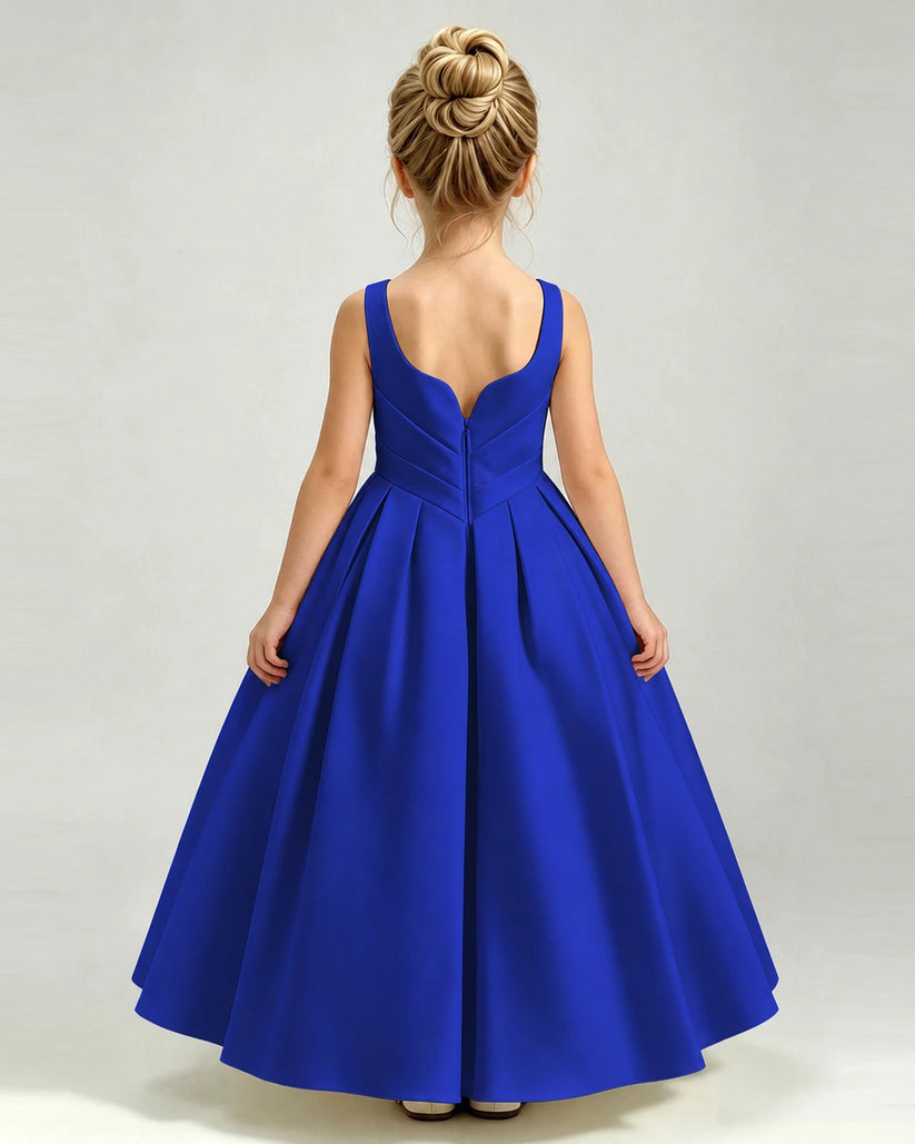Royal Blue Satin A-line Girls Formal Dress Back View
