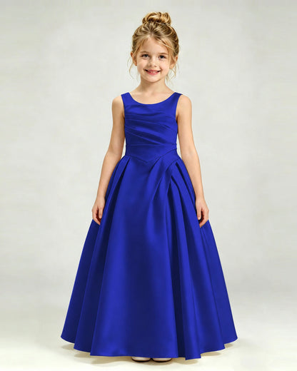 Royal BlueSatin Flower Girl Dress Sleeveless Pleated Floor-Length Ball Gown Front View