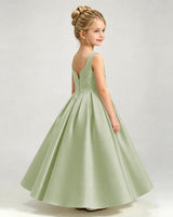 Sage Green Satin A-line Girls Formal Dress Back View