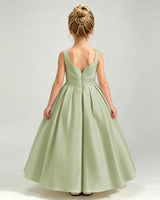 Sage Green Satin A-line Girls Formal Dress Back View