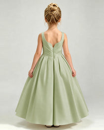 Sage Green Satin Flower Girl Dress Sleeveless Pleated Floor-Length Ball Gown Back View