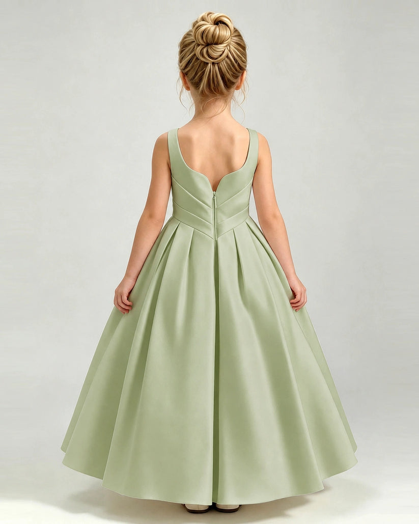 Sage Green Satin A-line Girls Formal Dress Back View