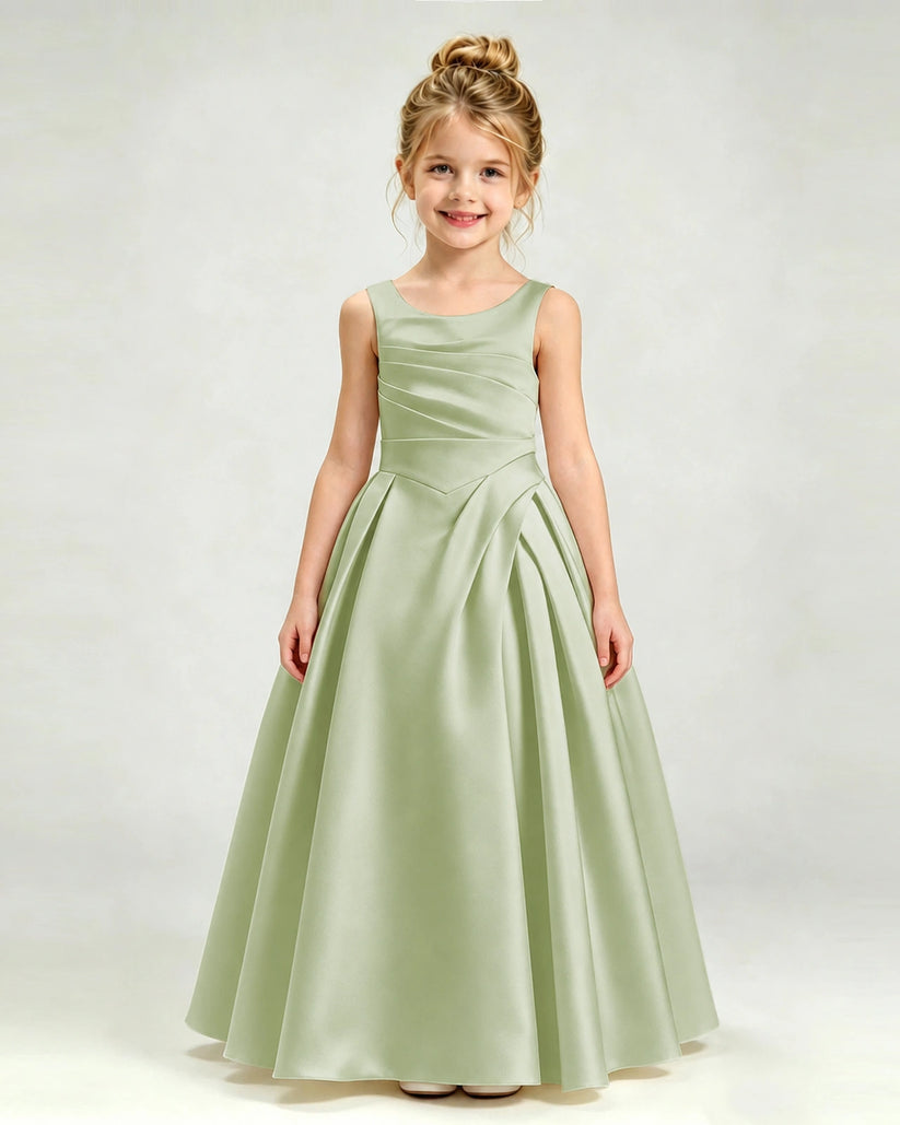 Sage Green Satin A-line Girls Formal Dress Front View