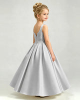 Silver Satin A-line Girls Formal Dress Side View