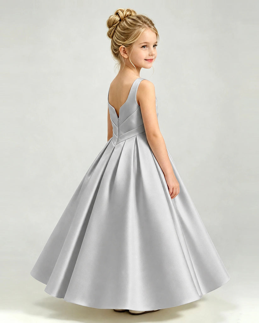 Silver Satin A-line Girls Formal Dress Side View