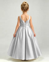 Silver Satin A-line Girls Formal Dress Back View