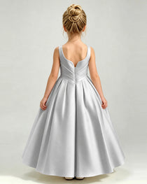 Silver Satin Flower Girl Dress Sleeveless Pleated Floor-Length Ball Gown Back View