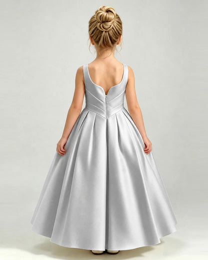 Silver Satin Flower Girl Dress Sleeveless Pleated Floor-Length Ball Gown Back View