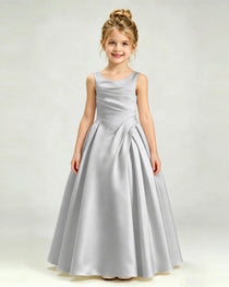 Silver Satin Flower Girl Dress Sleeveless Pleated Floor-Length Ball Gown Front View