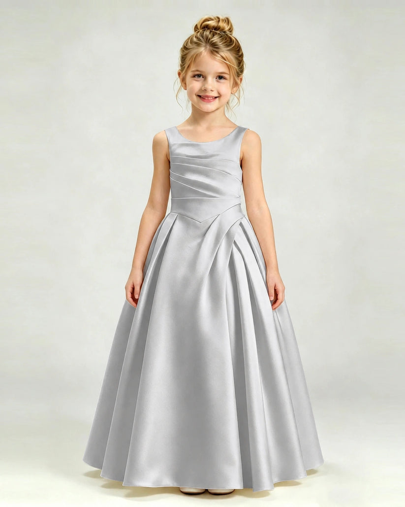 Silver Satin A-line Girls Formal Dress Front View