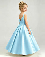 Sky Blue Satin A-line Girls Formal Dress Back View